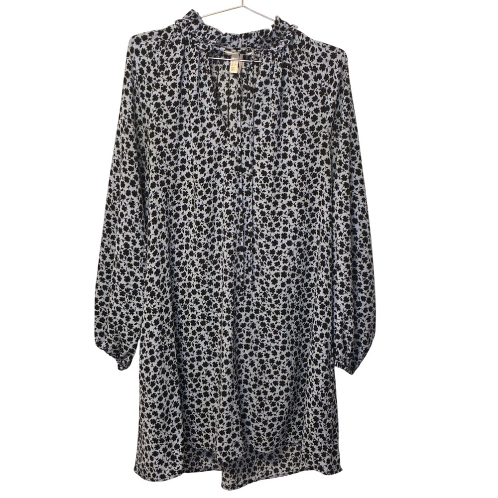 HM Blue Black Floral Ruffle Neck Tie Front Long Sleeve Mini Tunic Dress Size 8